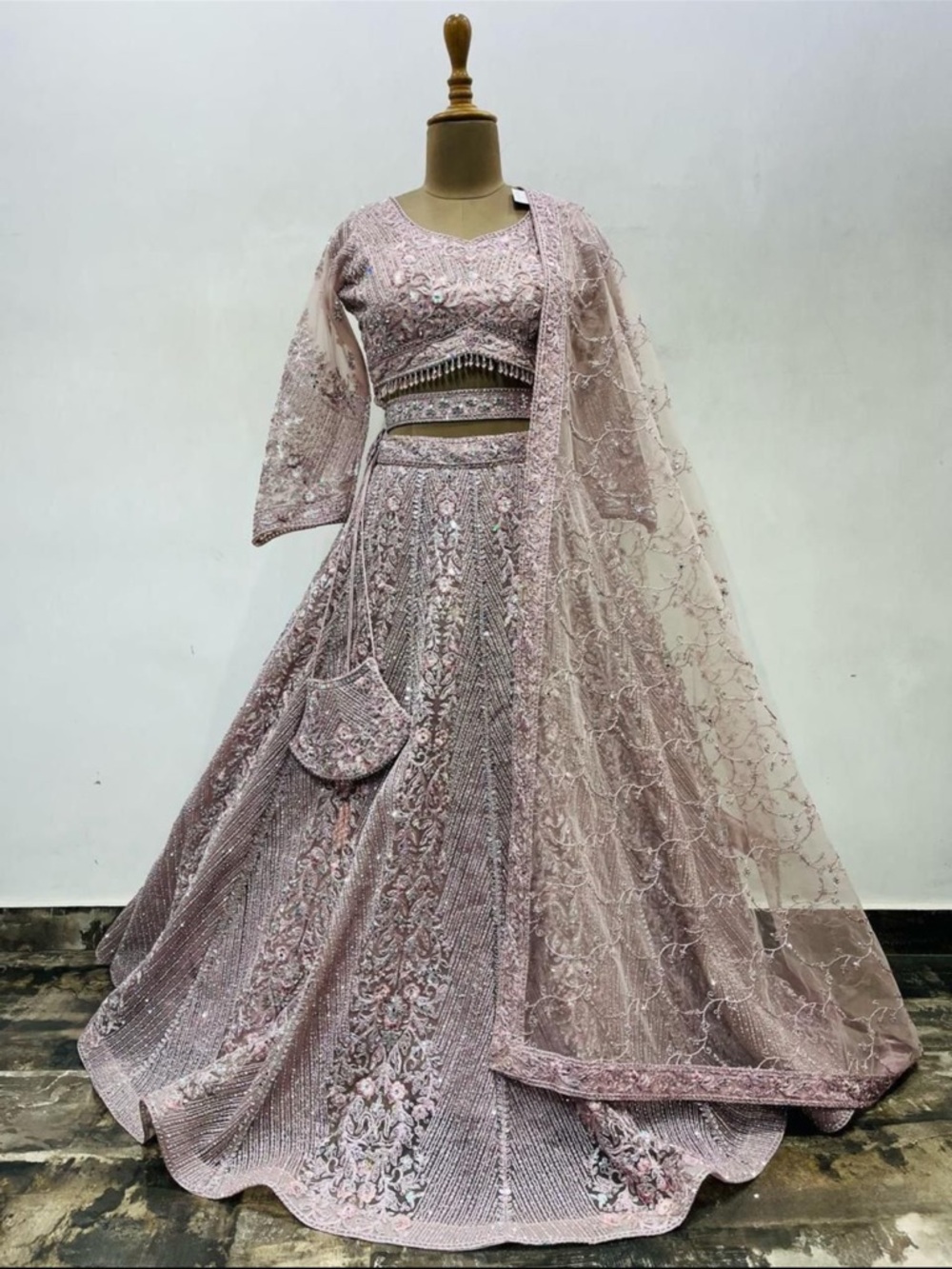 Embroidered dusty pink or mauve Bridal Lehenga with Dupatta